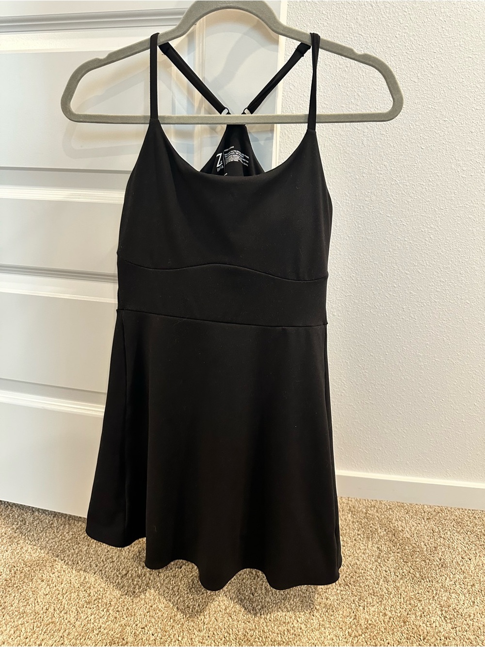 Zella Black Spaghetti-Strap Athletic Dress with shorts romper inside (pockets)